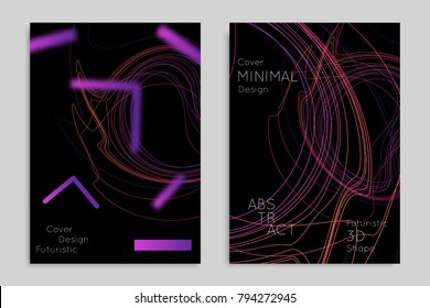 Abstract banner template with blurred geometric shapes. Poster with gradient neon colored  lines like tangled threads. Bright colorful fluid shapes on black background.
