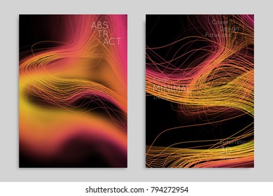 Abstract banner template with blurred geometric shapes. Poster with gradient neon colored  lines like tangled threads. Bright colorful fluid shapes on black background.