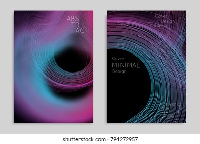 Abstract banner template with blurred geometric shapes. Poster with gradient neon colored  lines like tangled threads. Bright colorful fluid shapes on black background.