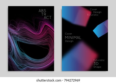 Abstract banner template with blurred geometric shapes. Poster with gradient neon colored  lines like tangled threads. Bright colorful fluid shapes on black background.