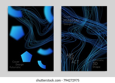 Abstract banner template with blurred geometric shapes. Poster with gradient neon colored  lines like tangled threads. Bright colorful fluid shapes on black background.