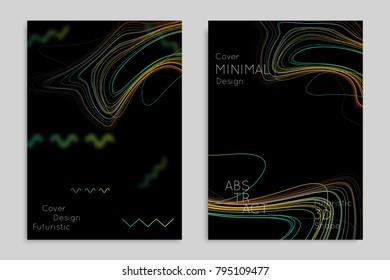 Abstract banner template with blurred geometric shapes. Poster with gradient neon colored  lines like tangled threads. Bright colorful fluid shapes on black background.