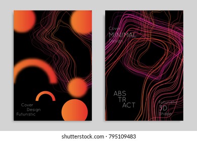 Abstract banner template with blurred geometric shapes. Poster with gradient neon colored  lines like tangled threads. Bright colorful fluid shapes on black background.