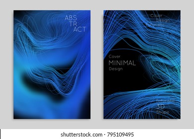 Abstract banner template with blurred geometric shapes. Poster with gradient neon colored  lines like tangled threads. Bright colorful fluid shapes on black background.