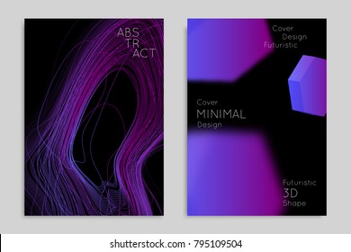 Abstract banner template with blurred geometric shapes. Poster with gradient neon colored  lines like tangled threads. Bright colorful fluid shapes on black background.