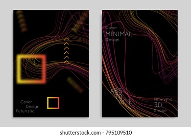 Abstract banner template with blurred geometric shapes. Poster with gradient neon colored  lines like tangled threads. Bright colorful fluid shapes on black background.