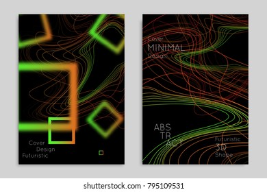Abstract banner template with blurred geometric shapes. Poster with gradient neon colored  lines like tangled threads. Bright colorful fluid shapes on black background.