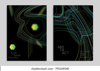 Abstract banner template with blurred geometric shapes. Poster with gradient neon colored  lines like tangled threads. Bright colorful fluid shapes on black background.