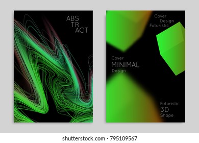 Abstract banner template with blurred geometric shapes. Poster with gradient neon colored  lines like tangled threads. Bright colorful fluid shapes on black background.