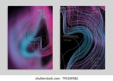 Abstract banner template with blurred geometric shapes. Poster with gradient neon colored  lines like tangled threads. Bright colorful fluid shapes on black background.