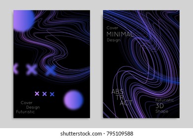 Abstract banner template with blurred geometric shapes. Poster with gradient neon colored  lines like tangled threads. Bright colorful fluid shapes on black background.
