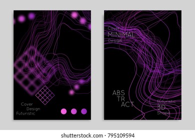 Abstract banner template with blurred geometric shapes. Poster with gradient neon colored  lines like tangled threads. Bright colorful fluid shapes on black background.