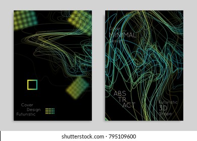 Abstract banner template with blurred geometric shapes. Poster with gradient neon colored  lines like tangled threads. Bright colorful fluid shapes on black background.