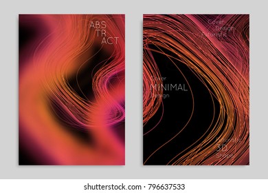 Abstract banner template with blurred geometric shapes. Poster with gradient neon colored  lines like tangled threads. Bright colorful fluid shapes on black background.