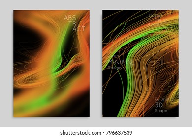 Abstract banner template with blurred geometric shapes. Poster with gradient neon colored  lines like tangled threads. Bright colorful fluid shapes on black background.