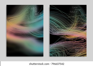 Abstract banner template with blurred geometric shapes. Poster with gradient neon colored  lines like tangled threads. Bright colorful fluid shapes on black background.