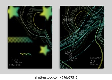 Abstract banner template with blurred geometric shapes. Poster with gradient neon colored  lines like tangled threads. Bright colorful fluid shapes on black background.