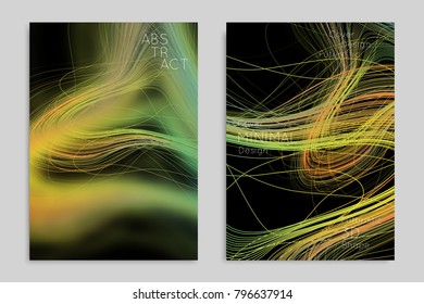 Abstract banner template with blurred geometric shapes. Poster with gradient neon colored  lines like tangled threads. Bright colorful fluid shapes on black background.