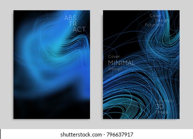 Abstract banner template with blurred geometric shapes. Poster with gradient neon colored  lines like tangled threads. Bright colorful fluid shapes on black background.