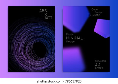 Abstract banner template with blurred geometric shapes. Poster with gradient neon colored  lines like tangled threads. Bright colorful fluid shapes on black background.