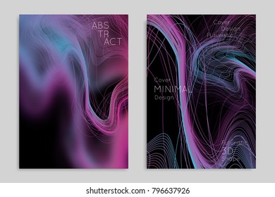Abstract banner template with blurred geometric shapes. Poster with gradient neon colored  lines like tangled threads. Bright colorful fluid shapes on black background.