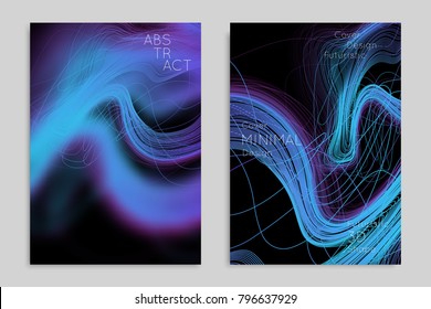 Abstract banner template with blurred geometric shapes. Poster with gradient neon colored  lines like tangled threads. Bright colorful fluid shapes on black background.