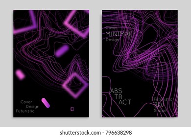 Abstract banner template with blurred geometric shapes. Poster with gradient neon colored  lines like tangled threads. Bright colorful fluid shapes on black background.