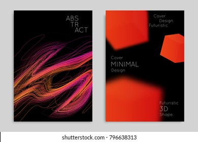 Abstract banner template with blurred geometric shapes. Poster with gradient neon colored  lines like tangled threads. Bright colorful fluid shapes on black background.