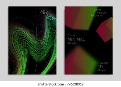 Abstract banner template with blurred geometric shapes. Poster with gradient neon colored  lines like tangled threads. Bright colorful fluid shapes on black background.