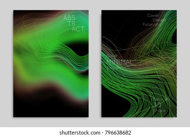 Abstract banner template with blurred geometric shapes. Poster with gradient neon colored  lines like tangled threads. Bright colorful fluid shapes on black background.