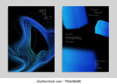 Abstract banner template with blurred geometric shapes. Poster with gradient neon colored  lines like tangled threads. Bright colorful fluid shapes on black background.