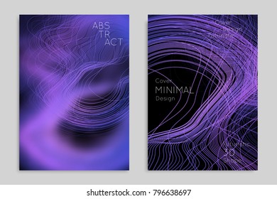 Abstract banner template with blurred geometric shapes. Poster with gradient neon colored  lines like tangled threads. Bright colorful fluid shapes on black background.