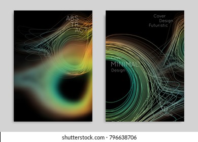 Abstract banner template with blurred geometric shapes. Poster with gradient neon colored  lines like tangled threads. Bright colorful fluid shapes on black background.