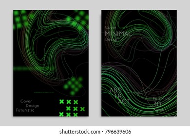 Abstract banner template with blurred geometric shapes. Poster with gradient neon colored  lines like tangled threads. Bright colorful fluid shapes on black background.