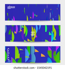 Abstract banner template with bright colored random stripes. Dynamic modern design with scattered gradient geometric shapes. Simple colorful futuristic elements. Sport music social media layout.