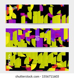 Abstract banner template with bright colored random stripes. Dynamic modern design with scattered gradient geometric shapes. Simple colorful futuristic elements. Sport music social media layout.