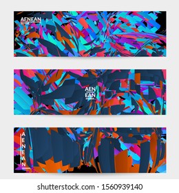Abstract banner template with bright colored random small particle explosion. Sport music social media layout. Optical art dynamic background with outer space motion. Futuristic vector.