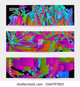 Abstract banner template with bright colored random small particle explosion. Sport music social media layout. Optical art dynamic background with outer space motion. Futuristic vector.