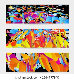 Abstract banner template with bright colored random small particle explosion. Sport music social media layout. Optical art dynamic background with outer space motion. Futuristic vector.