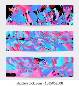 Abstract banner template with bright colored random small particle explosion. Sport music social media layout. Optical art dynamic background with outer space motion. Futuristic vector.