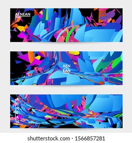 Abstract banner template with bright colored random small particle explosion. Sport music social media layout. Optical art dynamic background with outer space motion. Futuristic vector.