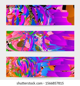 Abstract banner template with bright colored random small particle explosion. Sport music social media layout. Optical art dynamic background with outer space motion. Futuristic vector.