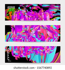 Abstract banner template with bright colored random small particle explosion. Sport music social media layout. Optical art dynamic background with outer space motion. Futuristic vector.