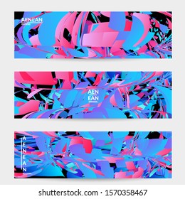 Abstract banner template with bright colored random small particle explosion. Sport music social media layout. Optical art dynamic background with outer space motion. Futuristic vector.