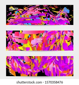 Abstract banner template with bright colored random small particle explosion. Sport music social media layout. Optical art dynamic background with outer space motion. Futuristic vector.