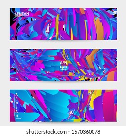 Abstract banner template with bright colored random small particle explosion. Sport music social media layout. Optical art dynamic background with outer space motion. Futuristic vector.