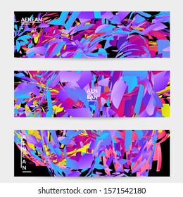 Abstract banner template with bright colored random small particle explosion. Sport music social media layout. Optical art dynamic background with outer space motion. Futuristic vector.