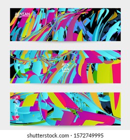 Abstract banner template with bright colored random small particle explosion. Sport music social media layout. Optical art dynamic background with outer space motion. Futuristic vector.