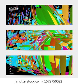 Abstract banner template with bright colored random small particle explosion. Sport music social media layout. Optical art dynamic background with outer space motion. Futuristic vector.