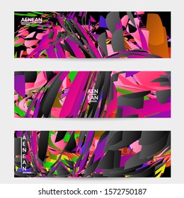 Abstract banner template with bright colored random small particle explosion. Sport music social media layout. Optical art dynamic background with outer space motion. Futuristic vector.